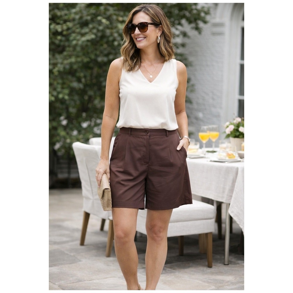 HYFVE Pleated Wide Leg Dress Shorts Women Large Brown Elastic High Waist EUC
